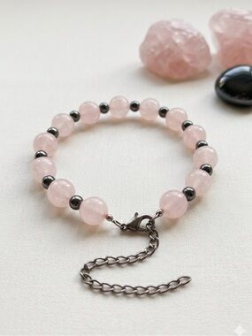 Rose Quartz & Hematite Crystal Bracelet Self-Love | Heart Chakra Healing |